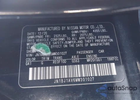 2021 Nissan Rogue Sport S Fwd Xtronic Cvt from USA, damaged, VIN JN1BJ1AV6MW301027